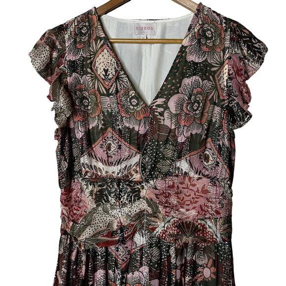 Ciebon Dress Maxi‎ Size L Jennsen Floral Metallic Stretchy Sleeveless Billowy - Picture 2 of 9